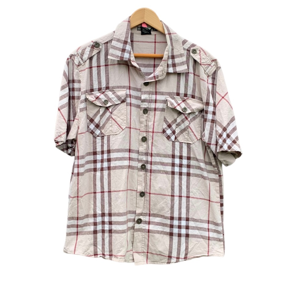 BARE FOX‎ Men's XL Beige Brown Plaid Button Down Short Sleeve Cotton Shirt.